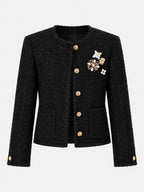 Brooch-Decor Glitter Tweed Cropped Chaqueta
