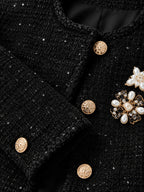 Brooch-Decor Glitter Tweed Cropped Chaqueta