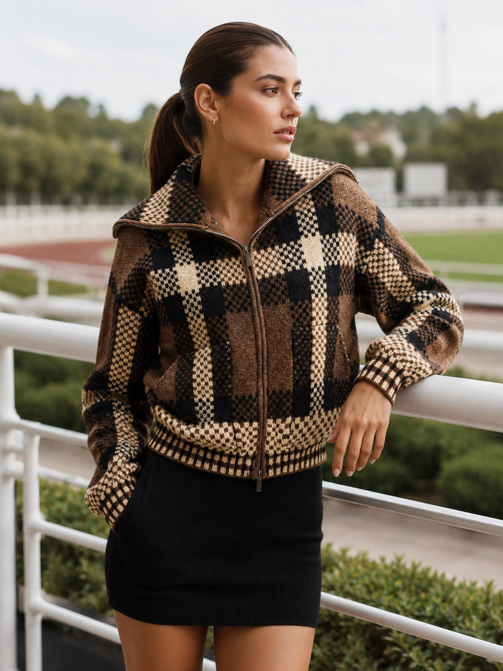 Cuadros Jacquard Zip-Up con Cuello Punto Chaqueta