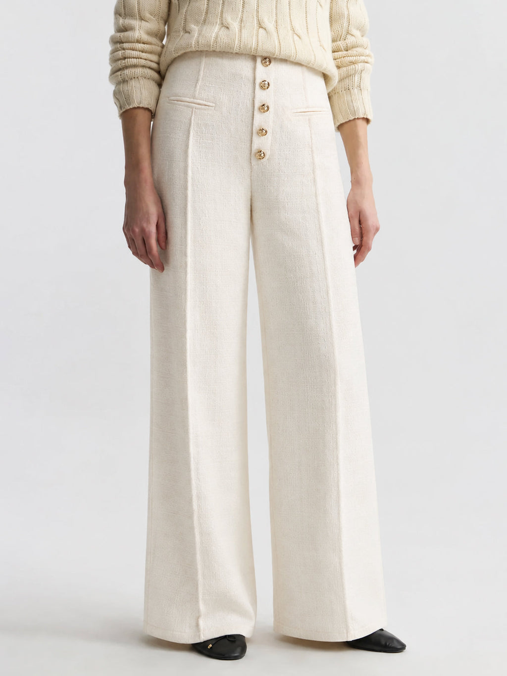 Botones Metálicos Tweed Pierna Ancha Pantalón