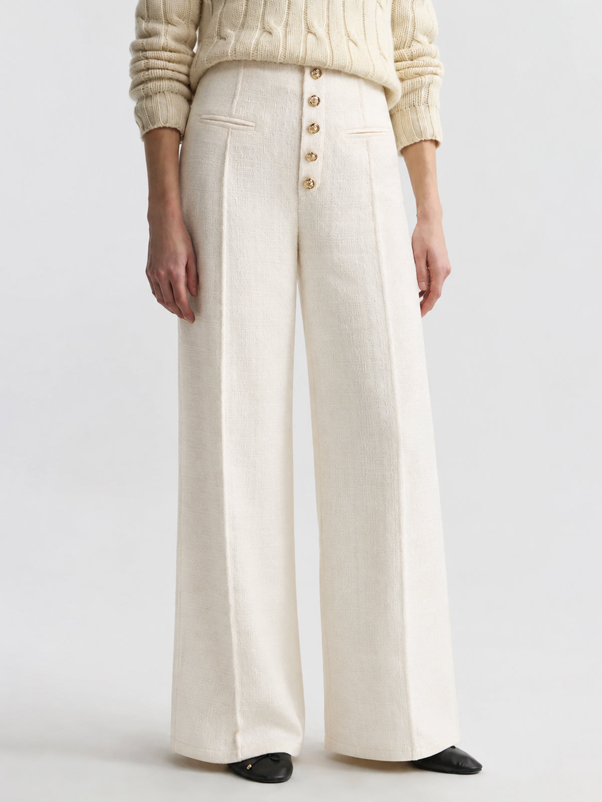 Botones Metálicos Tweed Pierna Ancha Pantalón