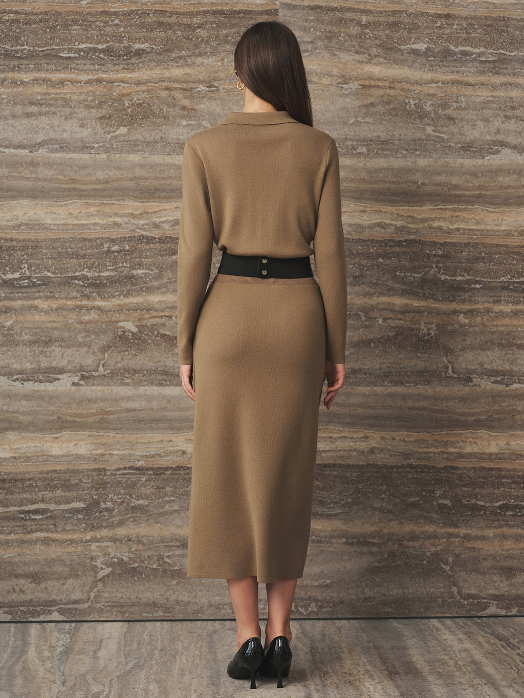 Con Cuello Botones Metálicos Mezcla de Lana Punto Vestido without Belt