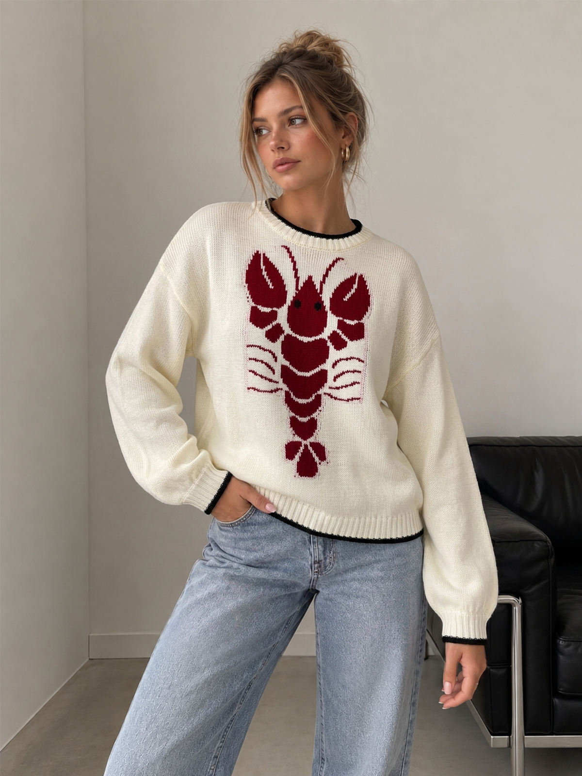 Lobster Jacquard Ribete en Contraste Punto jersey