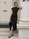 Drapeado cuello cintura-Knot Split Vestido Largo