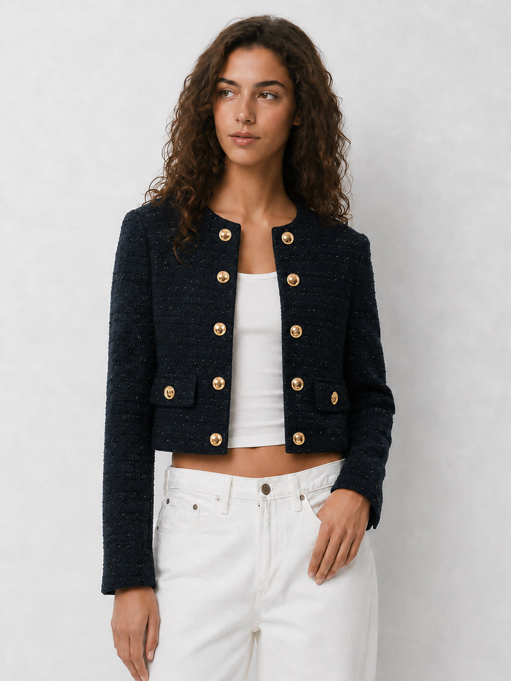 Sparkle Tweed Cruzado Cropped Chaqueta