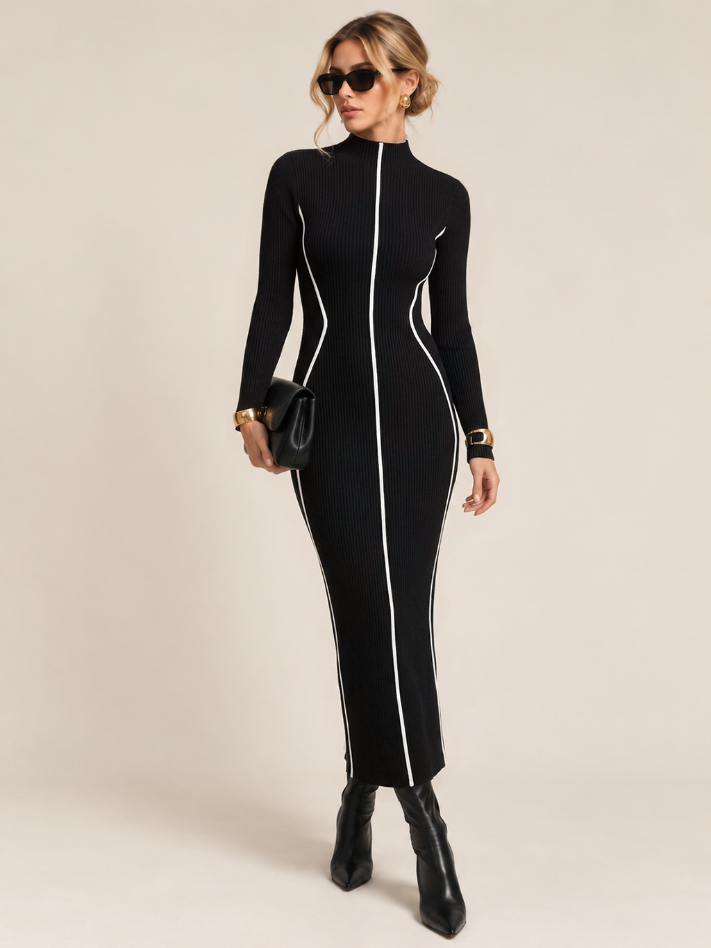 Ribete en Contraste Ribbed Punto Entallado Vestido