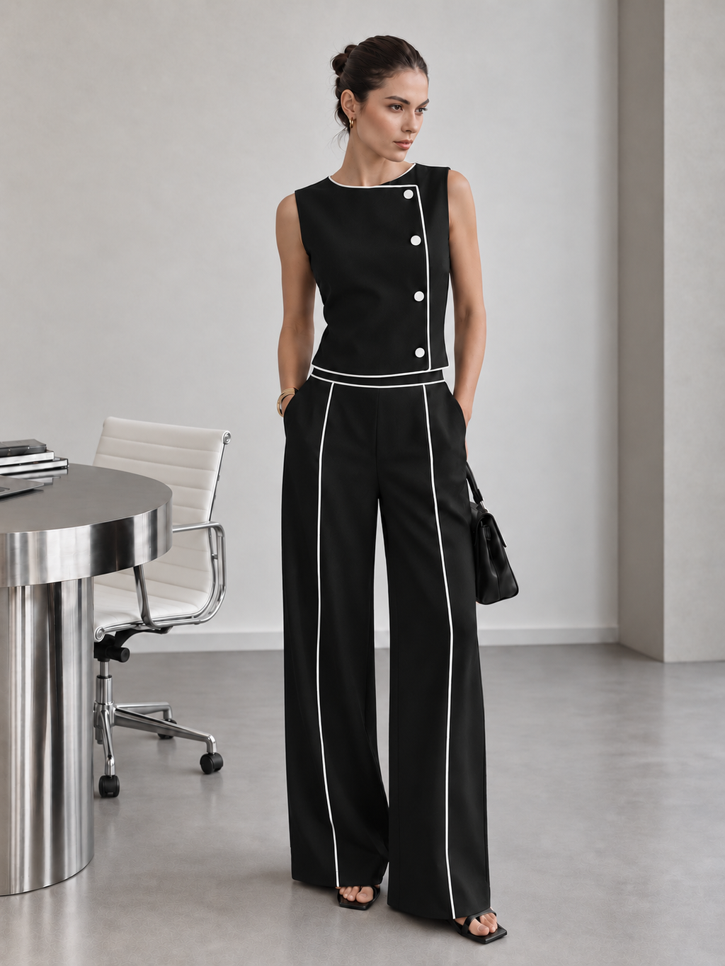 Contraste Piping Dos Piezas Pantalón Set