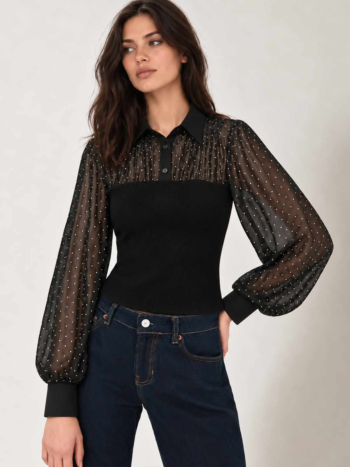 Lunares malla Spliced Punto con Cuello Top