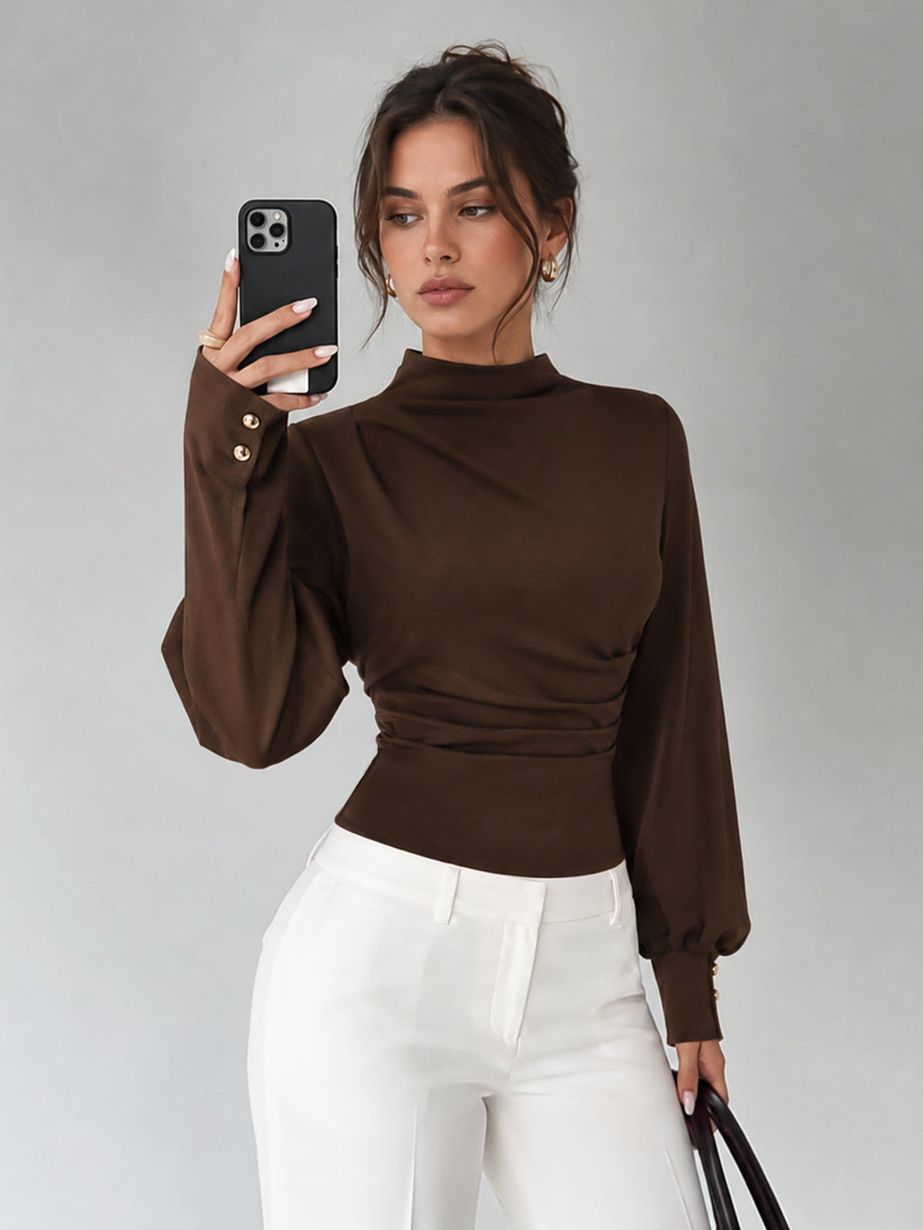 Stretch Drapeado Lantern manga Blusa