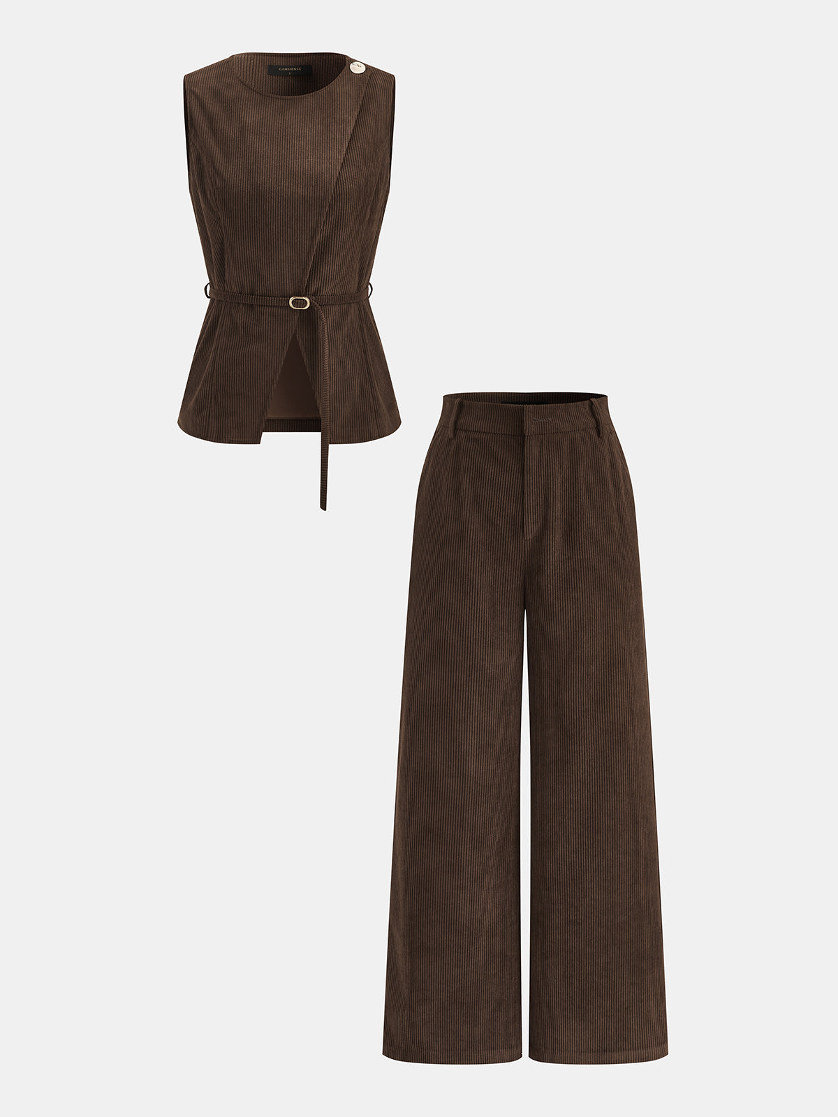Corduroy con Cinturón Chaleco Pierna Ancha Pantalón Set