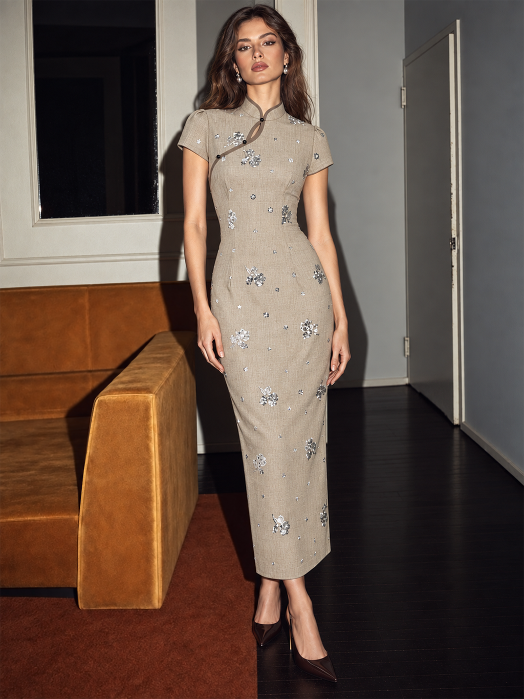 Lentejuelas Floral Cheongsam Vestido midi