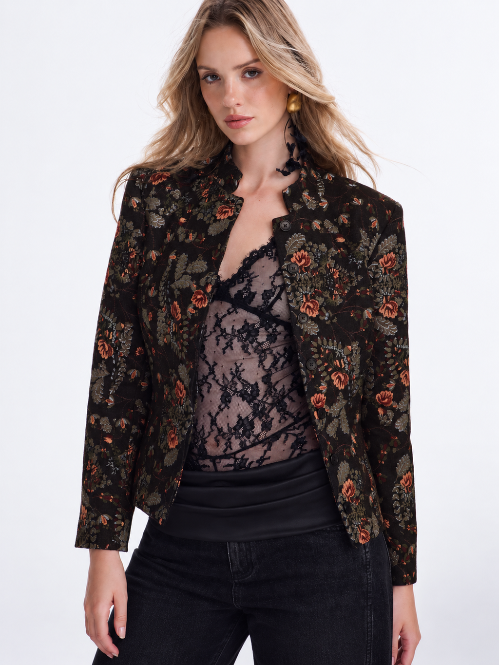 Floral Tapestry alto cuello Cropped Chaqueta