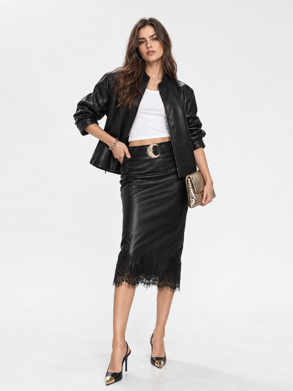 Con Cinturón Faux-Leather Encaje-ribete midi Lápiz Falda