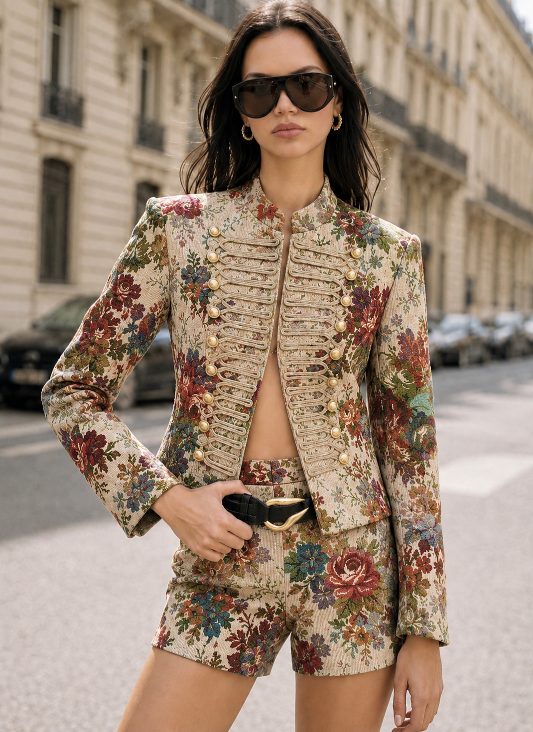 Floral Jacquard Napoleon alto cuello Chaqueta