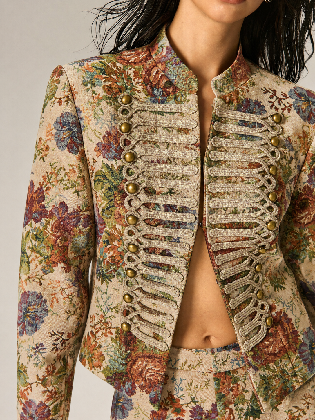 Floral Jacquard Napoleon alto cuello Chaqueta
