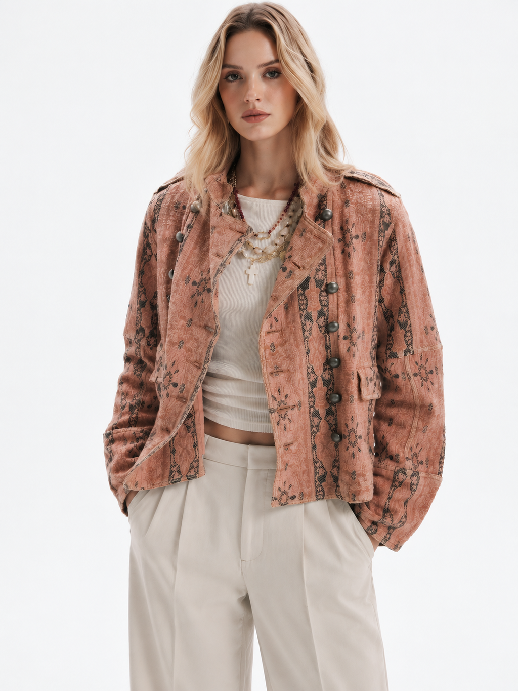 Vintage Floral Jacquard Cruzado Chaqueta