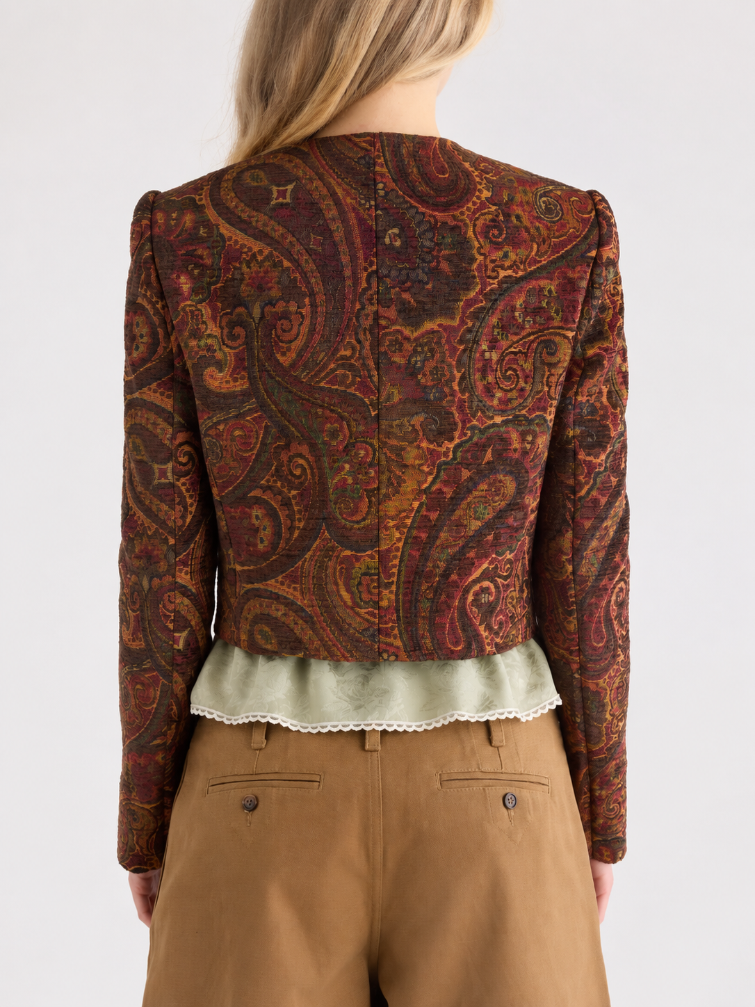 Paisley Jacquard Botones Metálicos Cropped Chaqueta