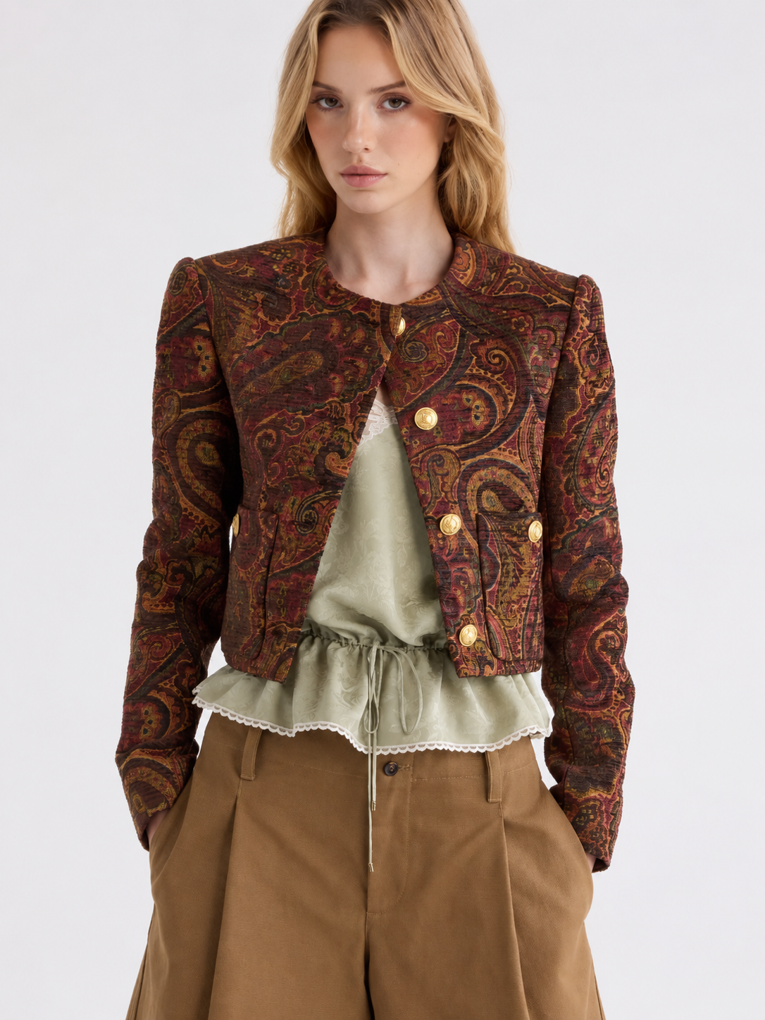 Paisley Jacquard Botones Metálicos Cropped Chaqueta