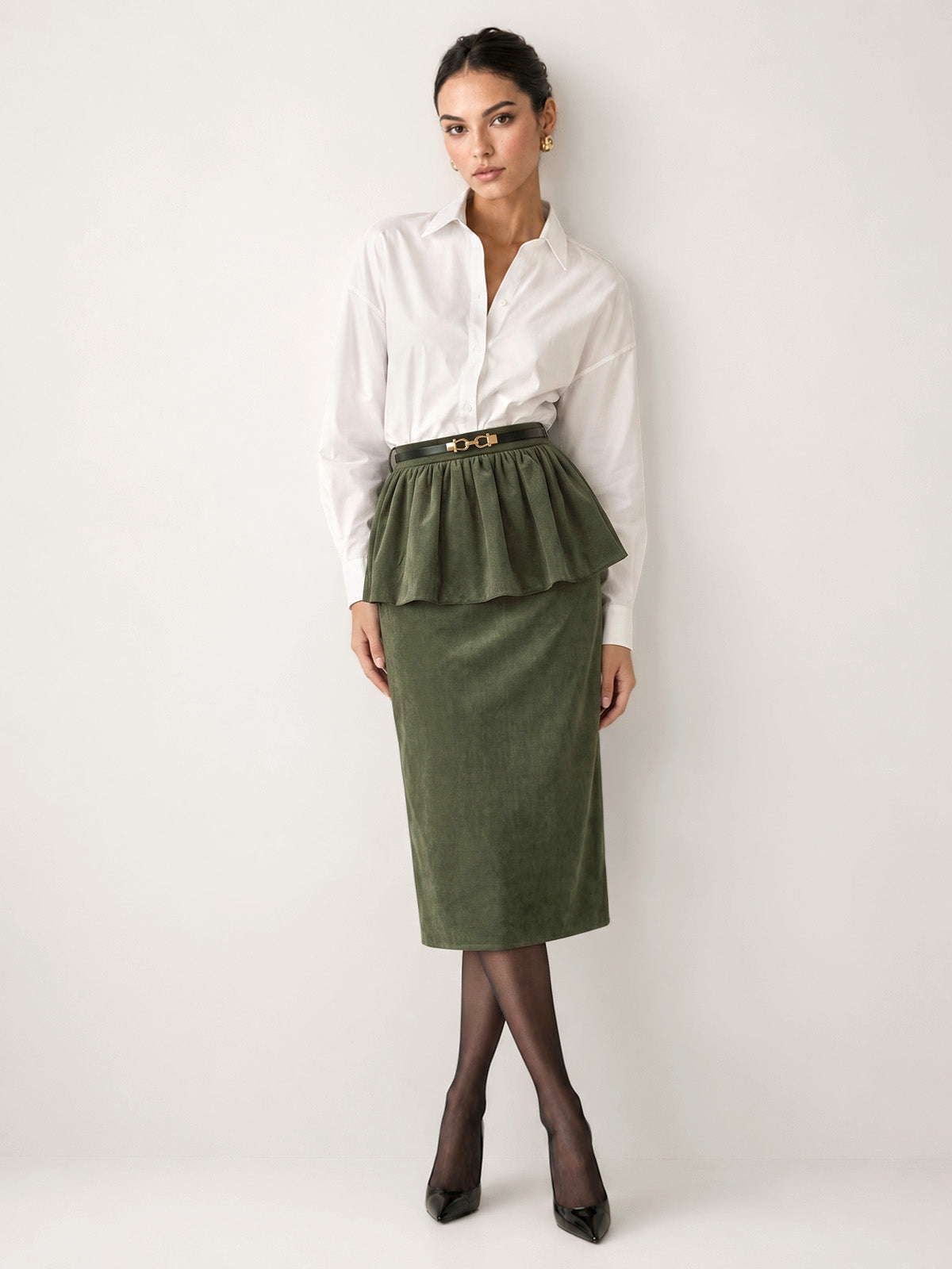 Peplum Terciopelo con Cinturón midi Falda