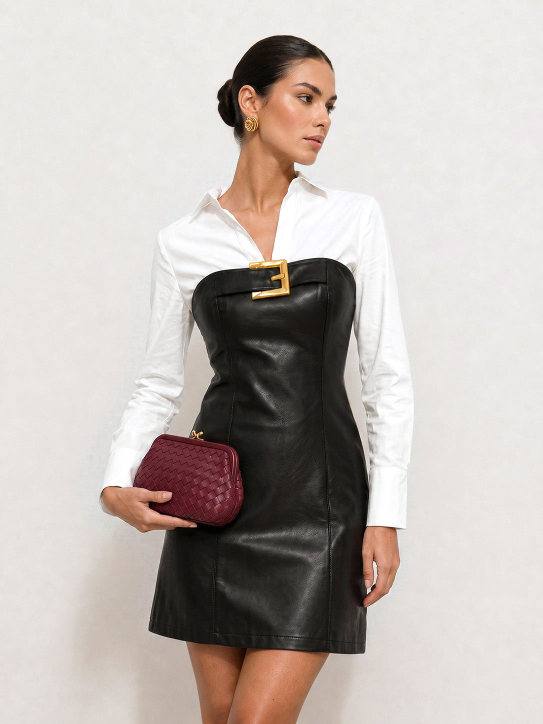 Faux-Leather Vestido & Camisa Dos Piezas Set