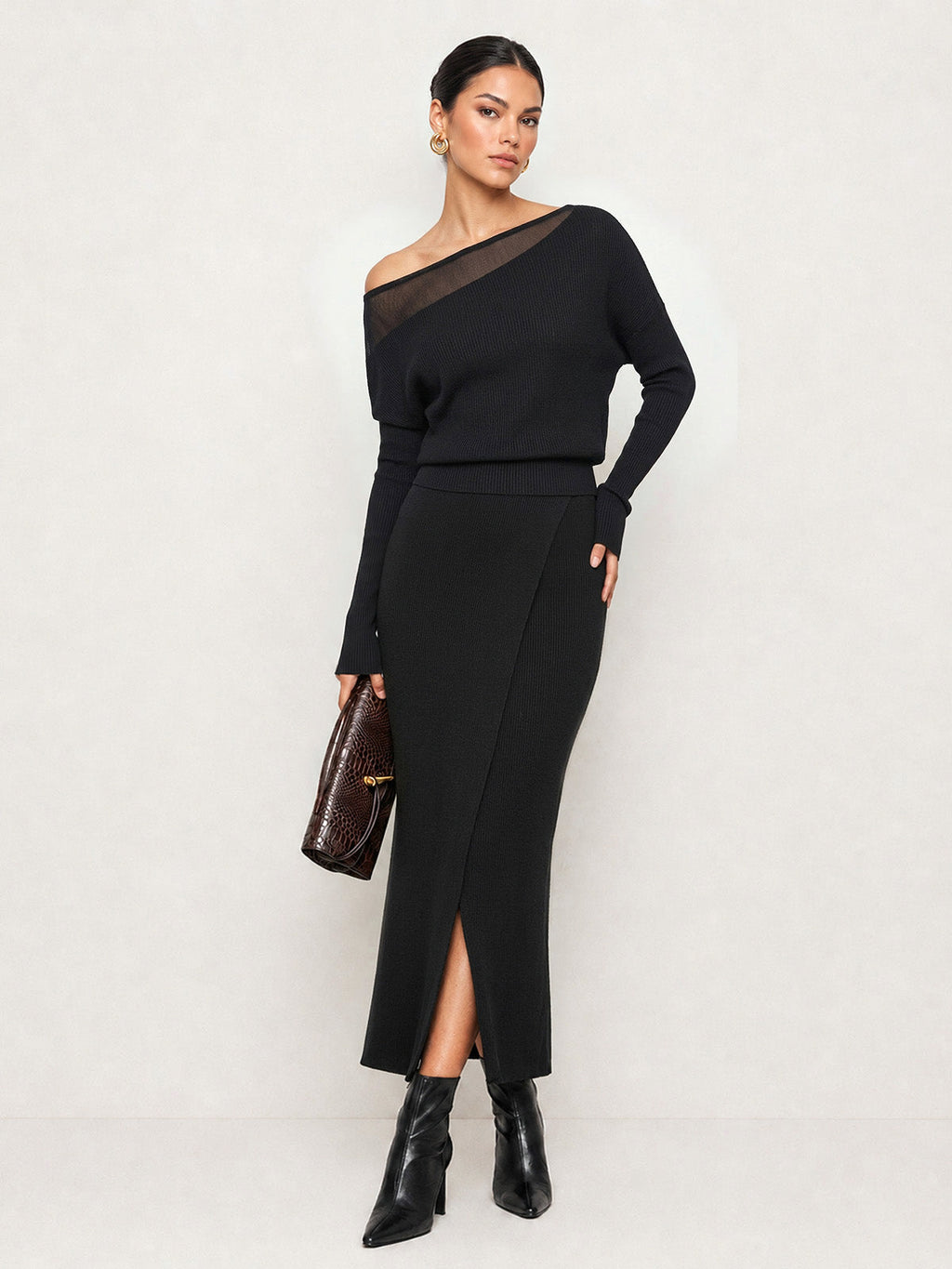 Semitransparente Panel Hombros Descubiertos Punto Co-ord Set