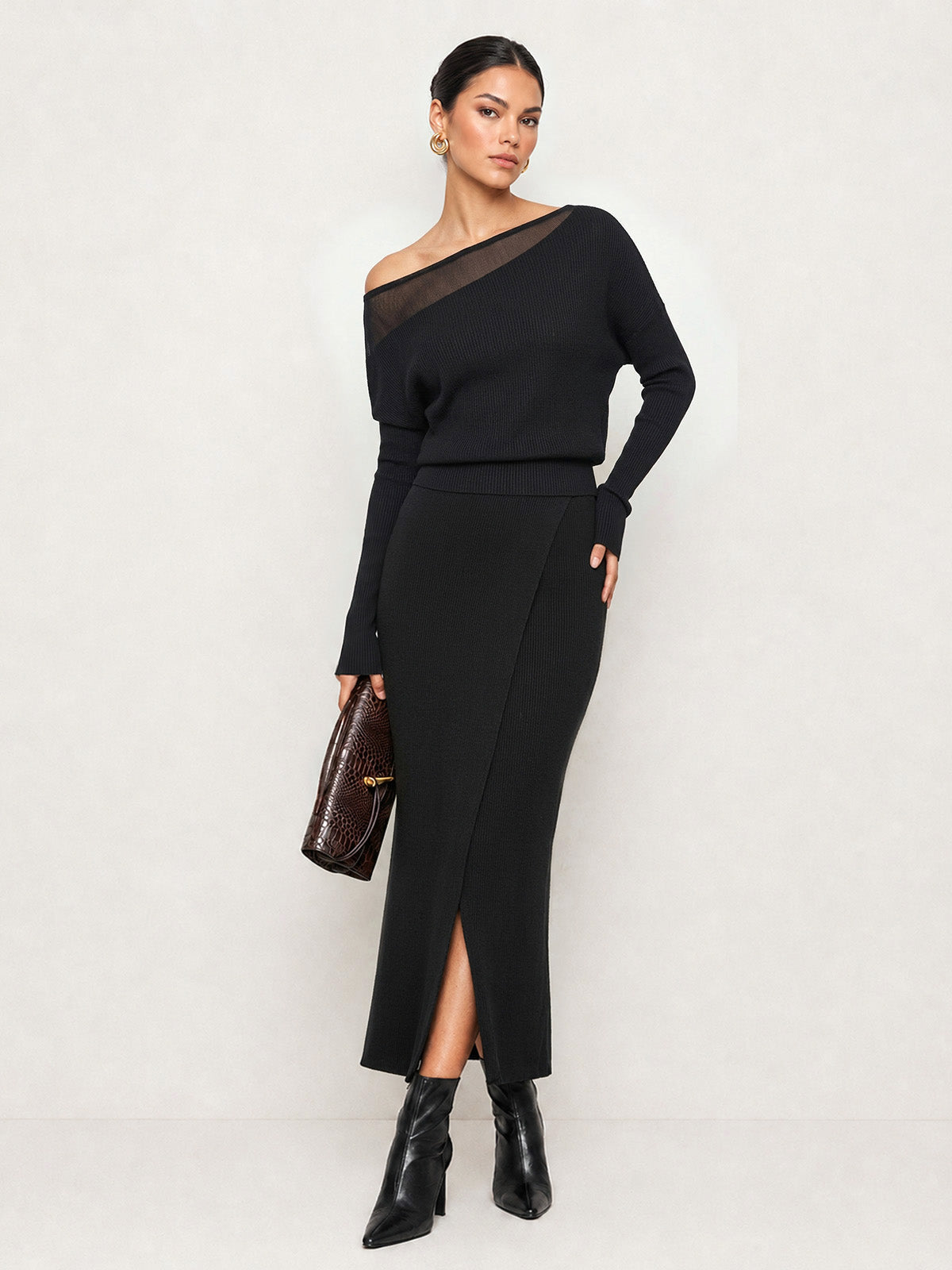 Semitransparente Panel Hombros Descubiertos Punto Co-ord Set