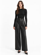 Con Cinturón Plisado Faux-Leather Pierna Ancha Pantalón