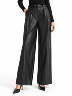 Con Cinturón Plisado Faux-Leather Pierna Ancha Pantalón