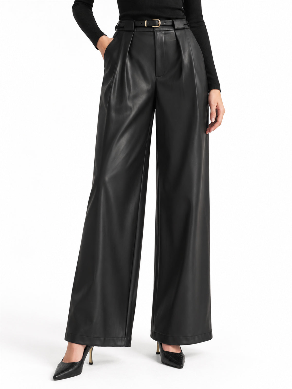 Con Cinturón Plisado Faux-Leather Pierna Ancha Pantalón