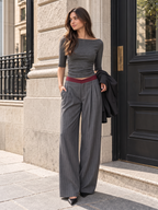 Contraste Waistband Pinstripe Pierna Ancha Pantalón