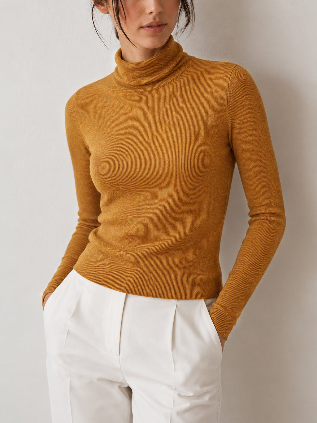 Cuello Alto Ribbed Slim Mezcla de Lana Punto Top