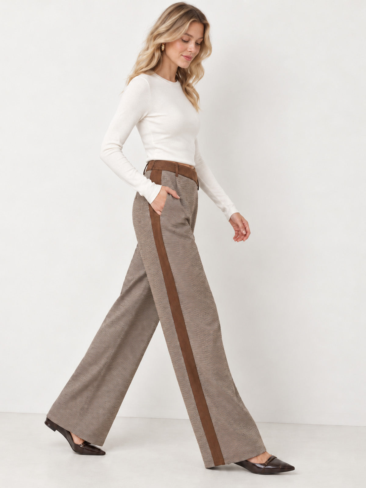 Faux-Ante Panel Houndstooth Pierna Ancha Pantalón
