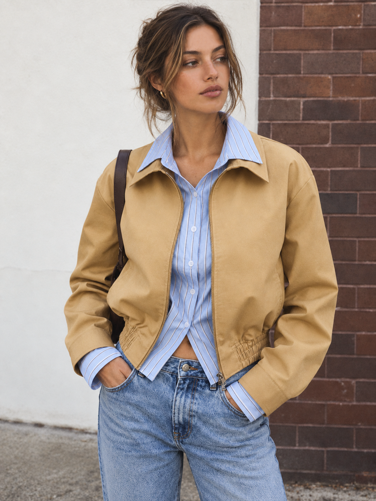 Faux Dos Piezas Rayas Camisa inserto Bomber Chaqueta