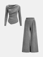 Escote Drapeado Drapeado Punto Top & Cintura Elástica Pantalón Set