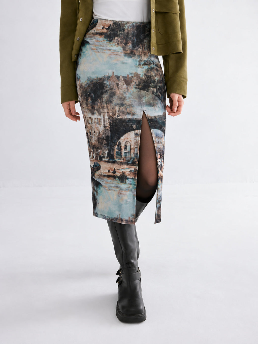 Vintage Oil Painting estampado Slit midi Falda