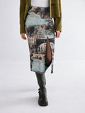 Vintage Oil Painting estampado Slit midi Falda