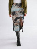 Vintage Oil Painting estampado Slit midi Falda