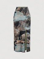 Vintage Oil Painting estampado Slit midi Falda