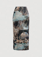 Vintage Oil Painting estampado Slit midi Falda