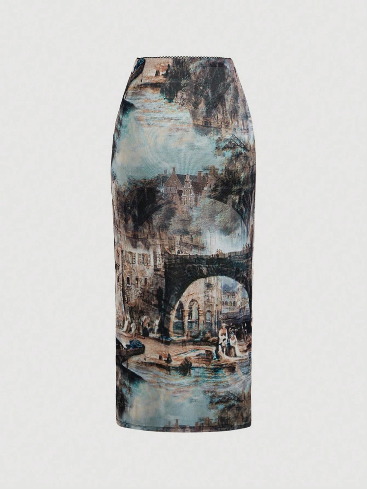 Vintage Oil Painting estampado Slit midi Falda