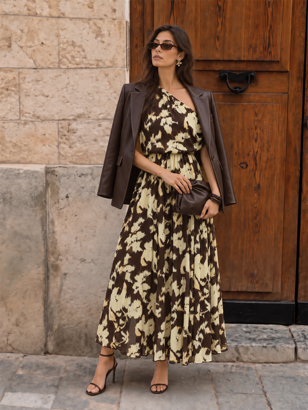 Asimétrico Printed Drawstring Vestido Largo