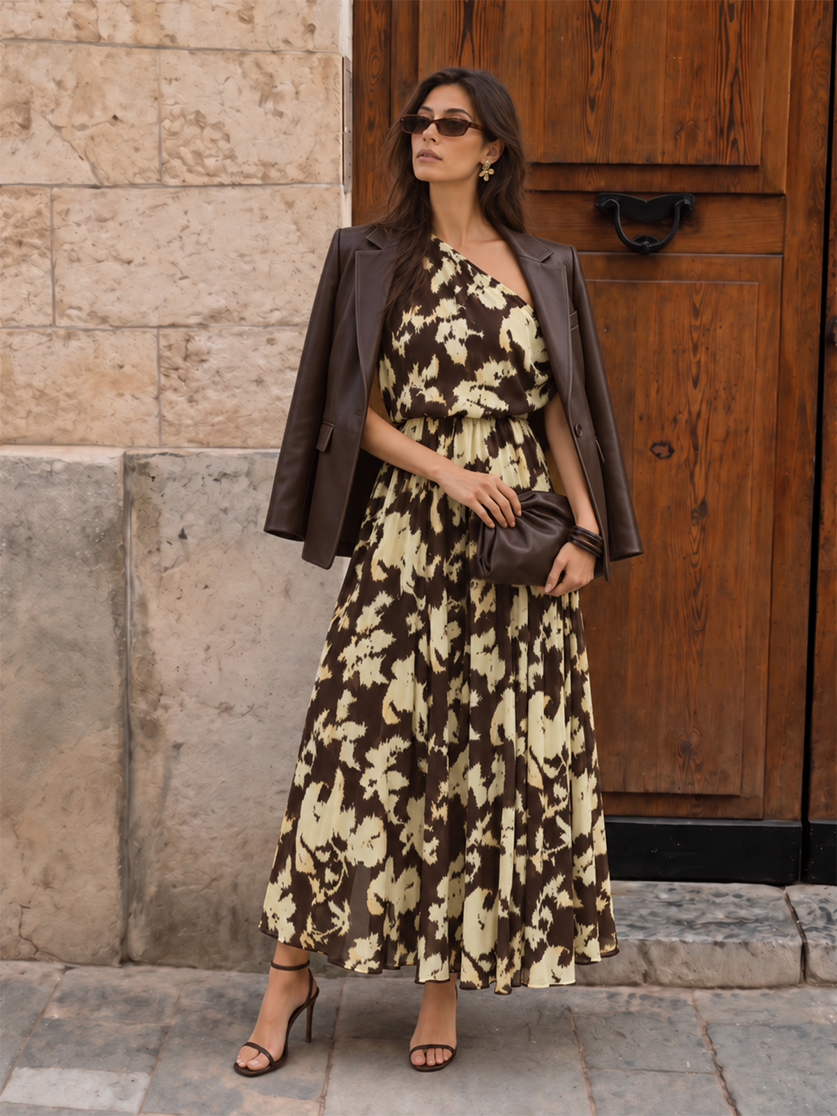Asimétrico Printed Drawstring Vestido Largo