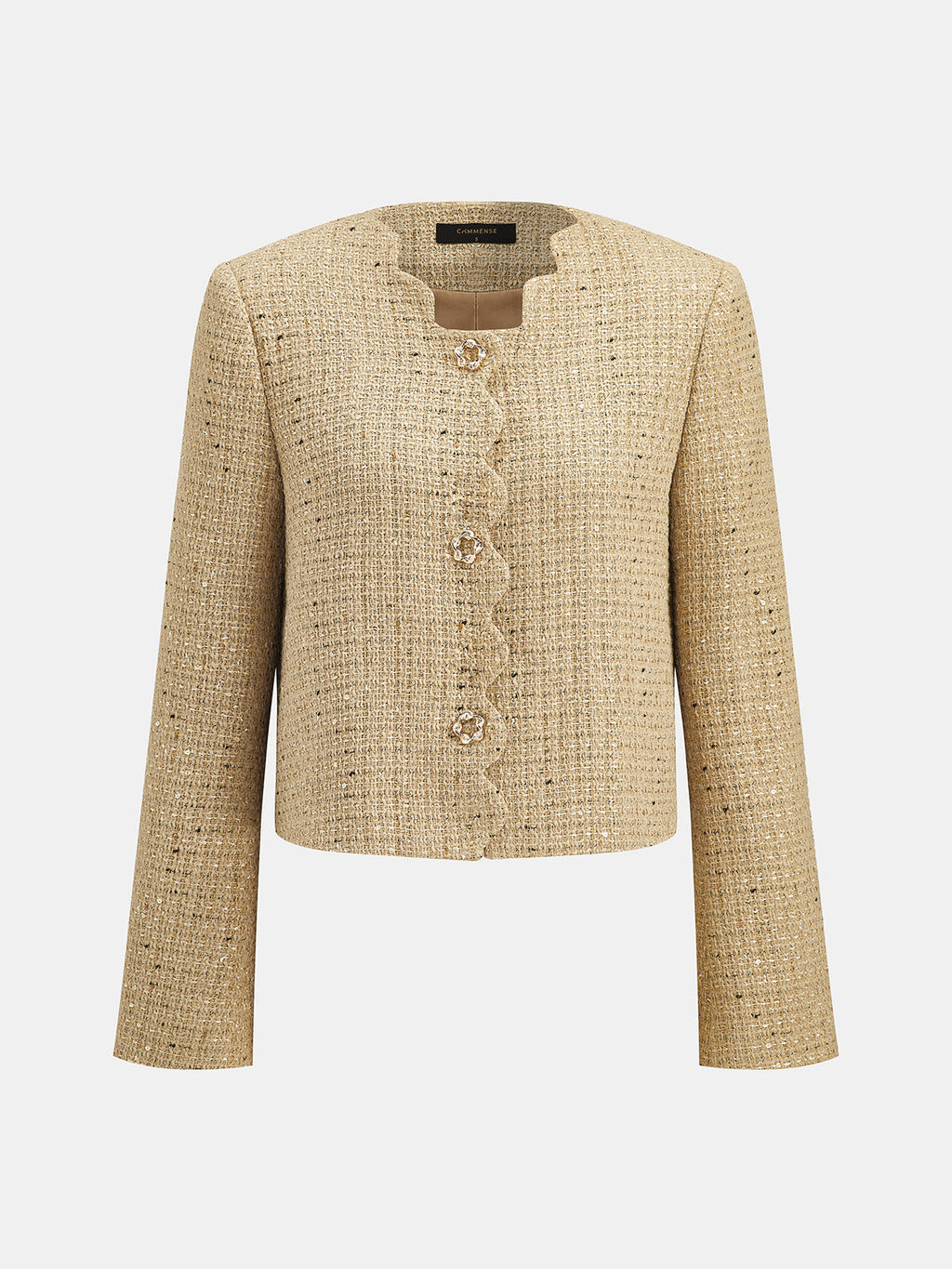 Scallop Edge Lentejuelas Tweed Cropped Chaqueta