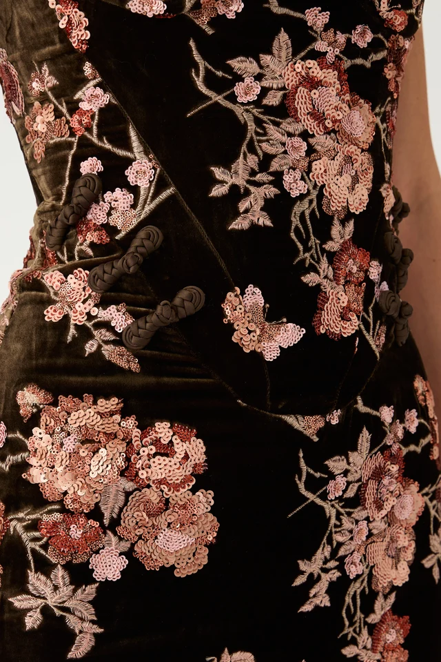Floral Terciopelo Slip largo Entallado Vestido