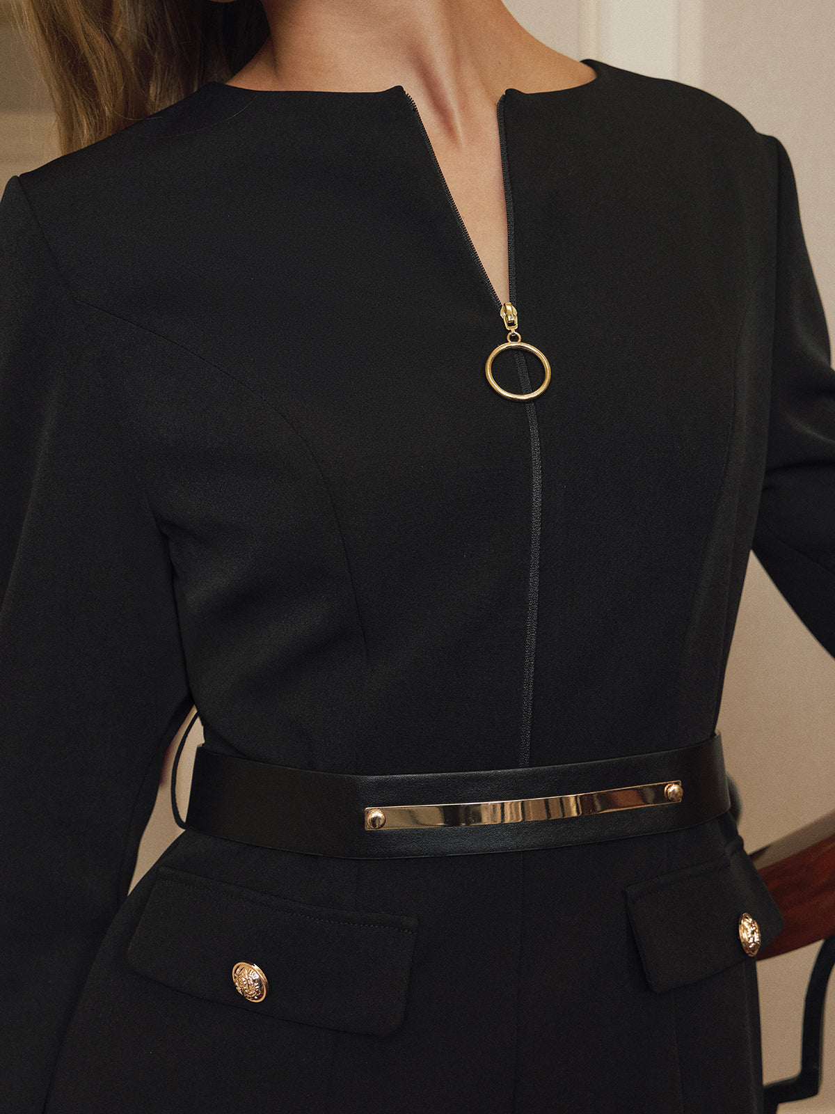 Encaje bajo Slit Ring-Zipper con Cinturón Vestido midi