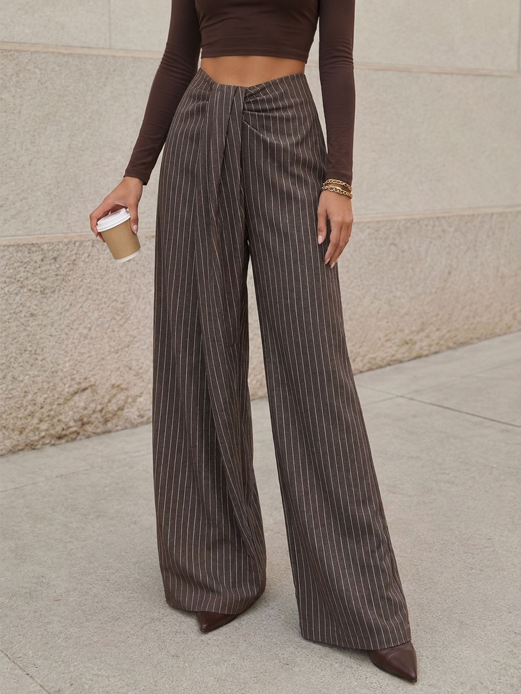 Twisted cintura Pinstripe Pierna Ancha Pantalón