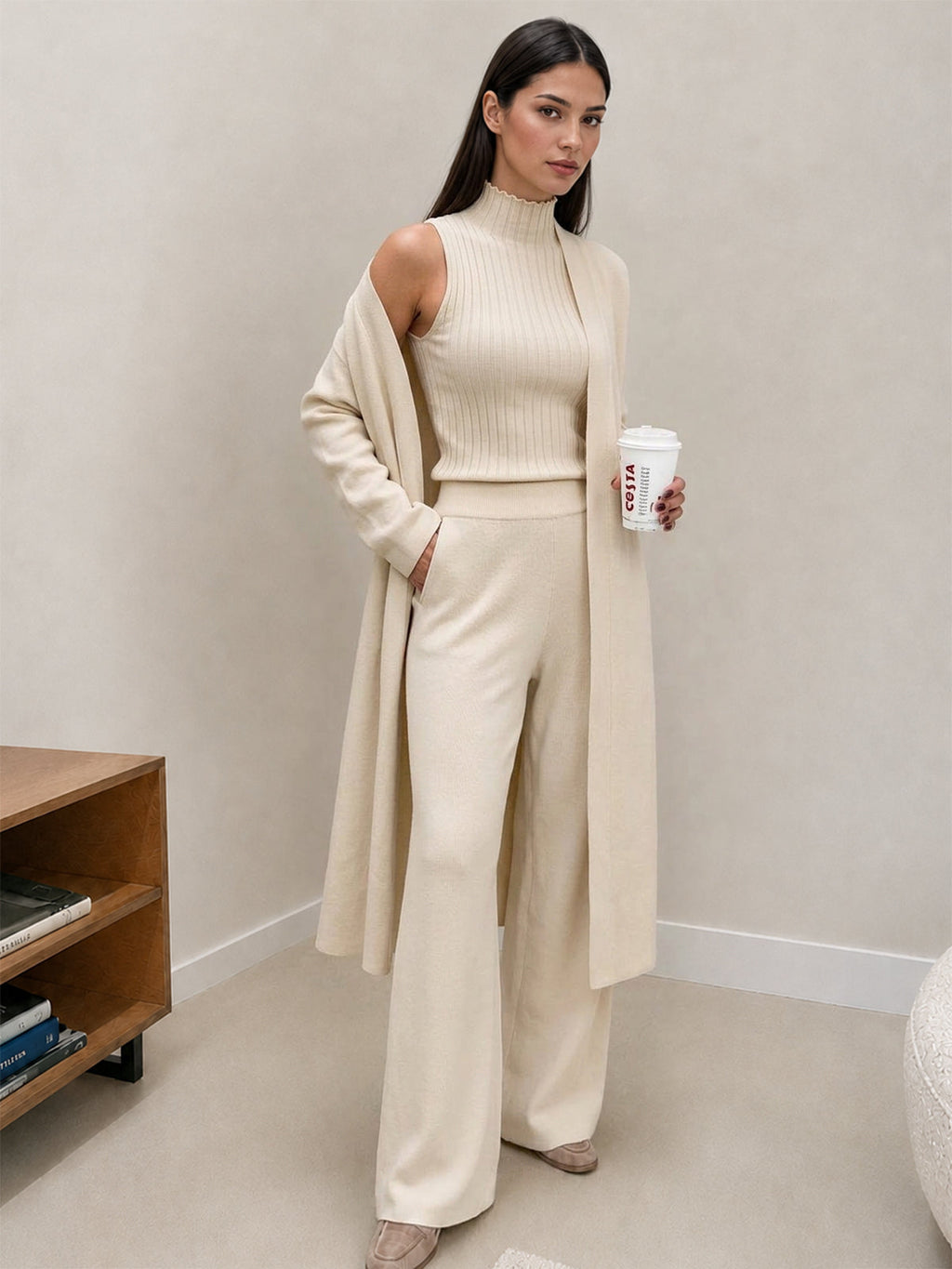 Punto Long Cárdigan Cuello Alto Top & Pantalón Three-pieza Set