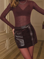 Zip Detalle Terciopelo Faux-Leather Patchwork mini Falda