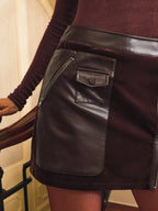 Zip Detalle Terciopelo Faux-Leather Patchwork mini Falda