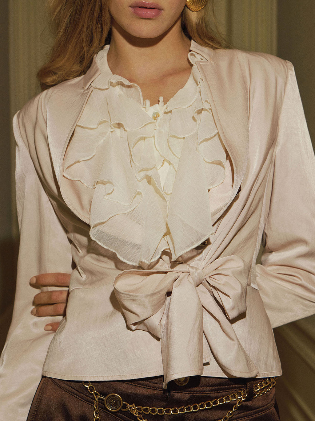 Alto-cuello Tie-cintura Peplum Blusa
